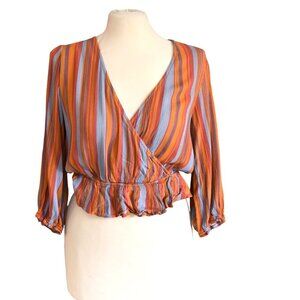 Blush BJ Multicolor Stripe Surplice Peplum Top Size L Rayon Boho Festival